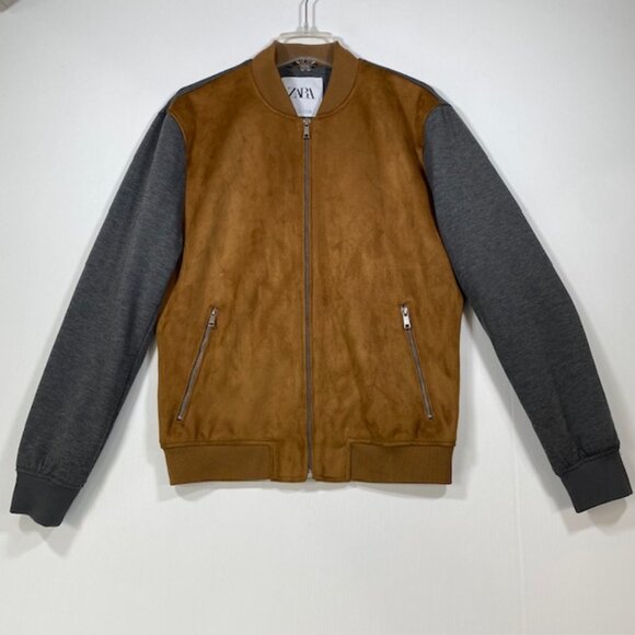 ZARA Men’s Camel Gray Faux Suede‎ Bomber Zip Jacket Size Medium Classy Clean - Picture 1 of 11